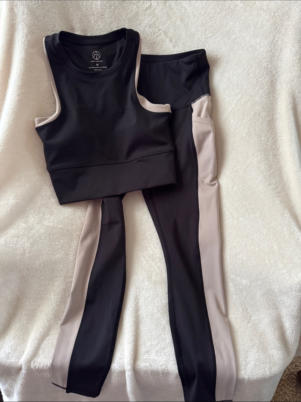 Black & Taupe Colorblock Performance Leggings with Matching Cropped Tank